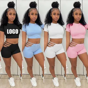 Conyson hot sale fashion Custom Logo Women Solid Color Summer sexy Clothes Suit 2-piece Ladies sport t-shirt Shorts Clothing set