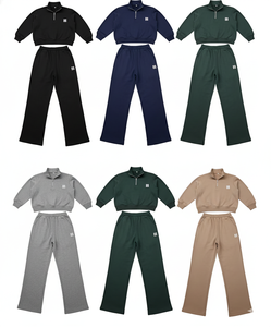 Ensemble de vêtements de détente pour femmes avec logo personnalisé, rose, hiver, haut court à demi-zip, sweat-shirt, pantalon large, ensemble de survêtement en molleton deux pièces, 100% coton - Product Image 5