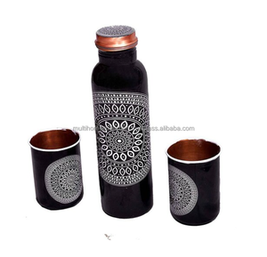 Suministros al por mayor, botella de cobre de diseñador, logotipo impreso, botellas de cobre martilladas a mano indias de metal con vidrio, Juego de 3 - Product Image 4