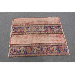 Turkish Rug 2.9x3.4 ft Vintage Patchwork <b>Red</b> Blue <b>Wool</b> Rug with Latex Backing - Product Image 2