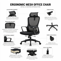 Chaise de bureau ergonomique moderne en tissu PU, hauteur réglable, dossier haut en mousse, support lombaire, base en aluminium, accoudoirs pivotants réglables
