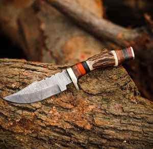 Cuchillo de Caza de Acero de Damasco al por Mayor, Cuchillos de Hoja Fija para Campismo y Supervivencia con Funda de Cuero Fino, Cuchillos de Acero Personalizados - Product Image 1