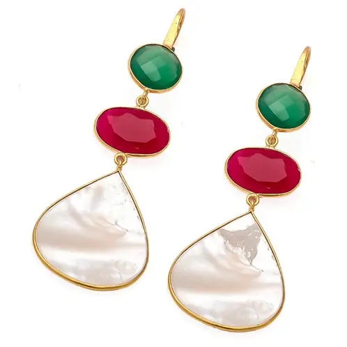 Beautiful Collision Pearl Shell Fuchsia Chalcedony & Green Onyx Gold Plated Sterling Silver Pear Shape Gemstone Earrings