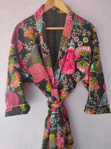 Magnifique kimono long en coton imprimé à la main avec ceinture à nouer pour la nuit, robe de chambre pour femmes, imprimé floral - Product Image 1