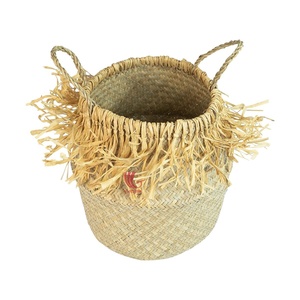 Panier de rangement pliable en jonc de mer avec pompon et deux poignées Tendance du Vietnam - Product Image 4