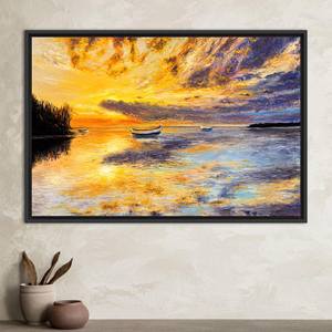 Superbe toile imprimée avec paysage marin au coucher du soleil - Décoration élégante avec bateau, 1P : encadré noir - Product Image 1