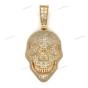 Pendentif personnalisé en argent sterling 925 VVS Moissanite diamant horreur crâne entièrement glacé taille ronde plaqué or fabrication en Inde - Product Image 1