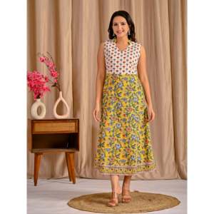 Robe jaune sans manches en coton imprimé Jaal, vêtements indiens et pakistanais - Product Image 3
