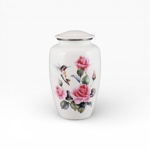 Urna Conmemorativa de Cerámica Blanca con Rosas Pintadas a Mano y Diseño de Colibrí para una Recordación Cariñosa - Product Image 1