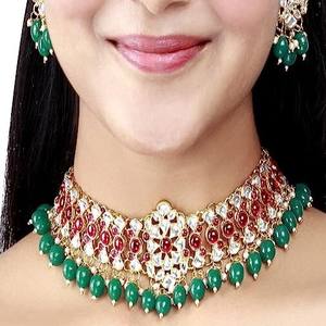 Kundan CZ Choker Set Sabyasachi Inspired Victorian Necklace Green Emerald Jewelry AD Necklace Indian Jewelry With Earrings Set - Product Image 2