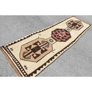 3x10.6 ft Turkish Rug, Vintage Runner Rug, <b>Brown</b> White Plants & trees <b>Wool</b> Rug - Product Image 2