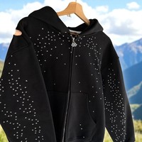 Crystal Blank Terry Cotton 100% Full Zip up Black Streetwear Heavyweight Rhinestone Hoodie para hombres