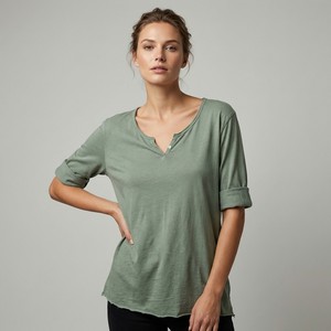 Camiseta Ligera, Transpirable, Casual, Sencilla, Cuello Henley, Manga Larga, Lisa, 100% Algodón - Product Image 3