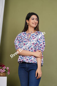 100% algodón Peplum blusa corta ecológica verde Floral mano bloque estampado hecho a mano bohemio Casual fiesta desgaste corto Natural - Product Image 6