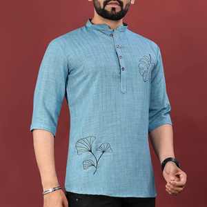 Kurta corto cómodo para hombre en algodón suave con patrón tejido a mano de cuello chino para festivales/fiestas de estilo étnico informal - Product Image 1