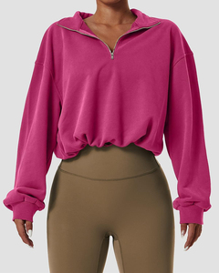 Femmes 100% coton athlétique Crop sweat col haut à manches longues goutte-épaule à capuche avant demi fermeture éclair hauts courts pour l'hiver - Product Image 6