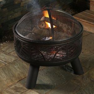 Round iron <b>fire</b> pit with mesh cover and <b>poker</b> tool <b>set</b> for convenient safe outdoor burning and warmth - Product Image 5