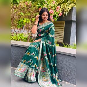 Sari de Boda de Nailon Puro, Crepé Georgette, Diseño Elegante, Tejido con Temática de Jungla, Suave y Liso, el Más Vendido para Fiestas - Product Image 1