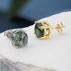 Boucles d'oreilles Dainty Moss Agate Classic 4 Prong Basket Setting Round Green Stone Push Back Argent sterling 925 Plaqué or 14 carats - Product Image 3