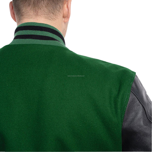 Blouson universitaire unisexe style américain en laine avec manches en cuir, fermeture éclair, coupe bomber, patchwork tactique uni - Product Image 5
