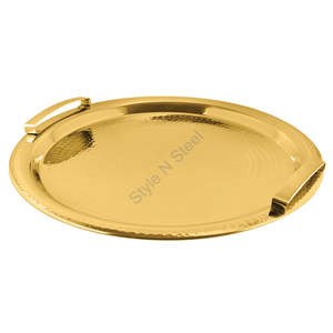 Gros plateau de service rond de qualité supérieure en acier inoxydable martelé avec double poignée patti en or - Product Image 1