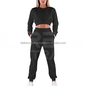 330 y 550 GSM 2 piezas conjuntos chándal peso pesado manga larga Crop Top Jogging pantalón para mujer - Product Image 3