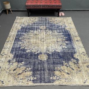 Alfombra Turca, Alfombra Vintage de 6.5x8 pies, Alfombra de Lana Azul Beige Estilo Suroeste - Product Image 1