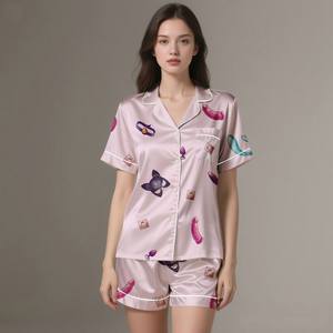Luxury Silk Satin Adult <b>Pajama</b> Set Summer Breathable Soft Sleepwear Elastic Waistband 2-Piece Custom Digital Printing - Product Image 5