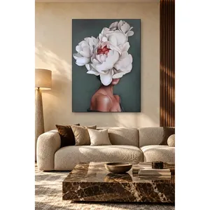 Fida Woman avec une pivoine à centre rouge sur fond vert, impression sur toile - Product Image 2