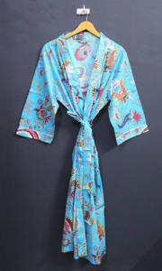 Kimono Hippie de alta calidad, camisón de estilo informal con estampado de algodón 100% turquesa Mukut para Primavera/otoño para verano a granel - Product Image 2