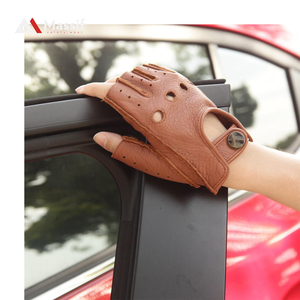 Gants de moto demi-doigt rembourrés en cuir de couleur marron, teints en tissu uni, taille et couleur personnalisées, gants de moto - Product Image 4