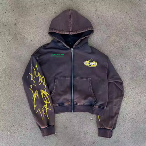 OEM qualité supérieure hommes sérigraphié sweats à capuche avec fermeture éclair et décoloration sweats à capuche personnalisés vintage lavé en détresse broderie sweat à capuche - Product Image 3