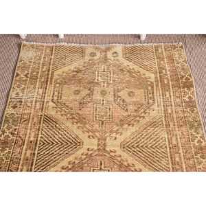 Turkish Rug, 3x8.3 ft Runner Rug, <b>Brown</b> Check <b>Wool</b> Vintage Rug - Product Image 5