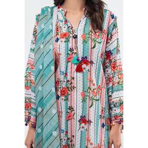 Traje de chifón estampado de 3 piezas sin costuras verde para mujer con borlas, top de uso diario - Product Image 1