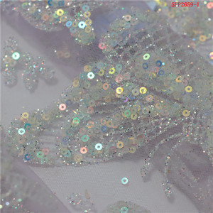 반짝이는 반짝이 인어 장식 조각 나비 패턴 3D 거즈 꽃 라인 스톤 드릴 화이트 메쉬 얇은 명주 그물 레이스 원단 도매 - Product Image 4