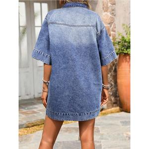 Vestido Vaquero para Mujer Paola Riboni, Cuello en V, Manga Corta, Corte Holgado en A, con Bolsillos, Largo Maxi, Color Sólido, Estilo Casual - Product Image 3