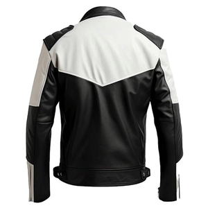 แจ็กเก็ตหนังแท้สำหรับผู้ชายสีดำและสีขาวสไตล์วินเทจสำหรับนักแข่งรถในคาเฟ่ - Product Image 2
