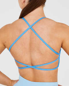 Soutien-gorge de sport à dos croisé bleu d'été personnalisé flatteur décolleté en V à bretelles dans le dos soutien-gorge de sport à impact élevé pour femmes adultes - Product Image 3