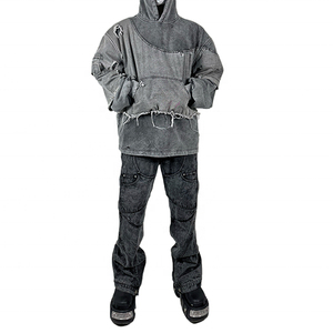 Nouvelle mode unisexe pull à capuche de haute qualité coton en détresse Style Vintage sans ficelle lavage à l'acide recadrée en détresse hiver - Product Image 6