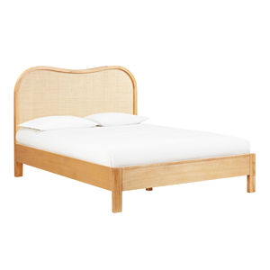 Lit simple mais moderne en bois de teck massif avec couleur bois naturel et accompagné d'un tissage en rotin de qualité pour une utilisation en intérieur - Product Image 1