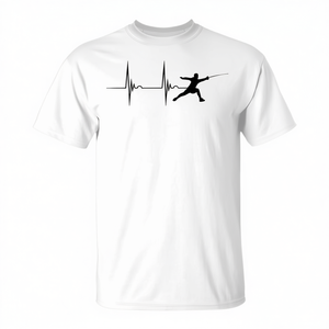 T-shirt promotionnel de sport de combat d'escrime avec motif unique, motif ECG de battement cardiaque et motif d'escrime à l'fléchette - Product Image 2