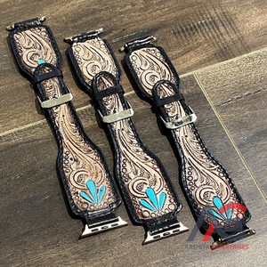 Trendy Vintage Tooled & Painted Leather Beautiful Turquoise Flare Watch Band Accesorios de regalo Reloj inteligente de cuero genuino - Product Image 1