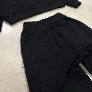 Vente en gros Fabricants de survêtements Sweat à capuche zippé et jogging surdimensionnés brodés noirs Ensemble deux pièces Survêtements en strass - Product Image 5