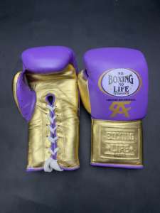 Pas de boxe pas de vie gants de boxe à lacets épais rembourrage à 4 couches évacuation de l'humidité cuir de vachette violet/or pour les combats d'entraînement - Product Image 6