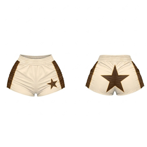 Shorts cortavientos para mujer, 145 GSM, microfibra de poliéster, beige y marrón, panel lateral con estrella, logotipo sublimado, shorts personalizados para mujer - Product Image 1