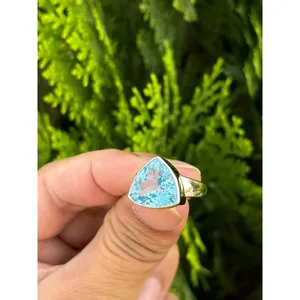 925 Silver Romantic <b>Adjustable</b> Gemstone <b>Ring</b> Blue Topaz Bezel Setting Licensed Private Brand Free Size for Lovers' Hand Shape - Product Image 2