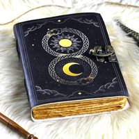 Journal en cuir imprimé soleil et lune, fait main, style vintage, avec serpent Ouroboros, papier rustique, couverture rigide verrouillable