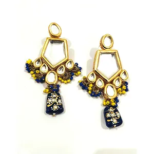 Parure de collier Kundan bleu clouté avec pendentif en forme de feuille, plaqué or rhodié 18 carats, bijoux en cuivre ornés de perles et de diamants, idéale pour les cadeaux de mariage - Product Image 6