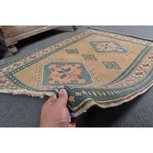 Vintage Brown Green 3.7 X 5.1ft Large Area <b>Rug</b> Turkish Style Rectangle Patchwork Abstract Design Wool <b>Seagrass</b> Latex for Hallway - Product Image 3