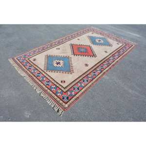 Traditionnel Beige Bleu 5.5 X 8.9ft Grande Surface Écologique Moyen Pile Aubusson Laine Tapis Vintage Turc Patchwork Salle À Manger - Product Image 3